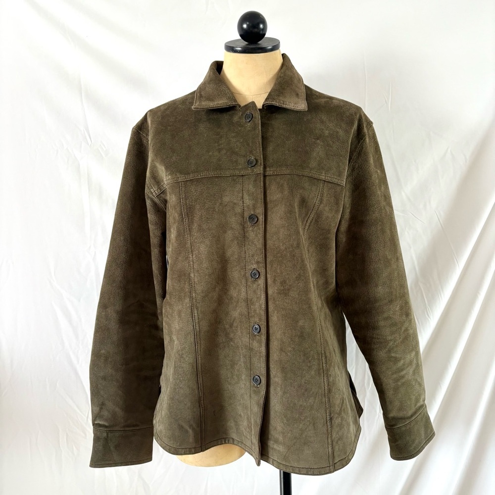 Vintage 90s AMI olive green genuine leather button up jacket large suede indie - Picture 3 of 6
